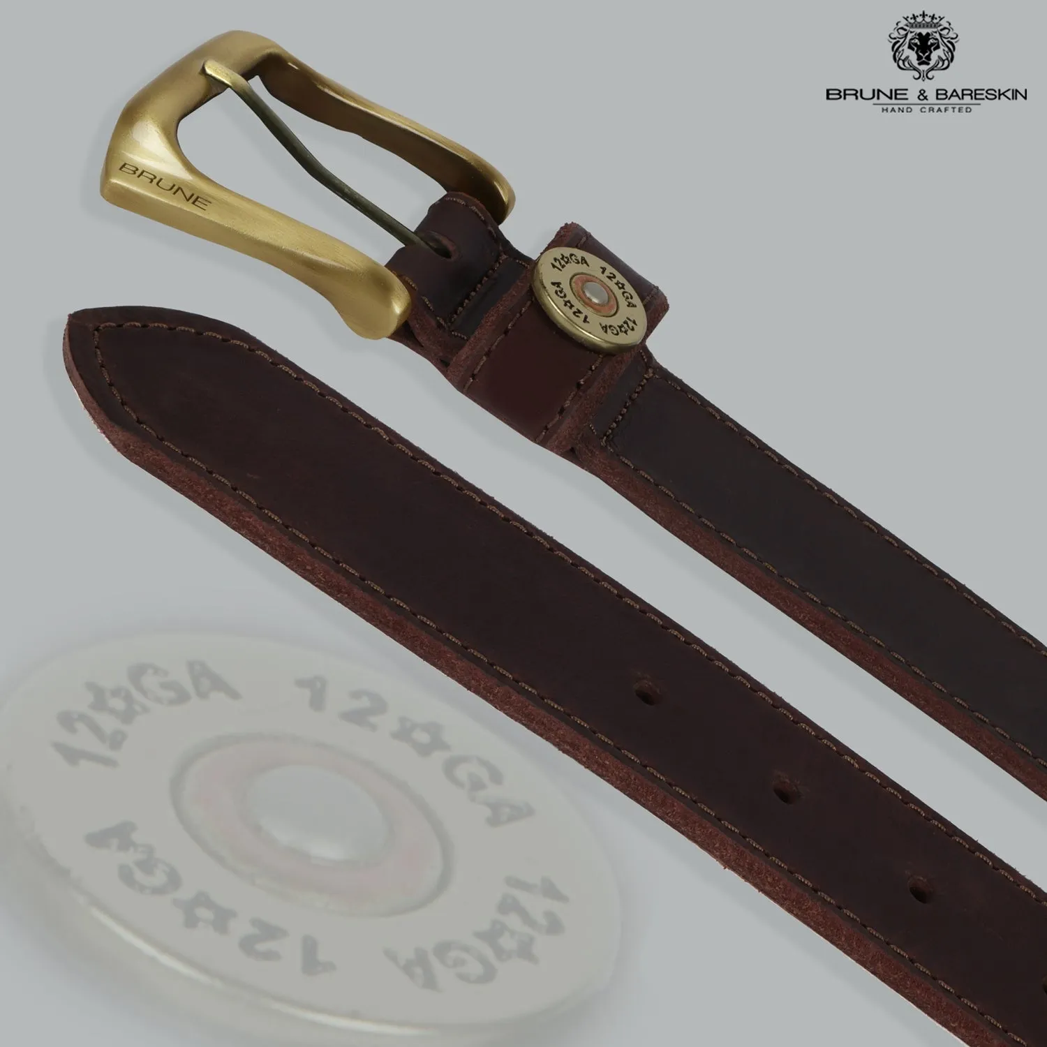 12 Gauge Shell Design Casual Belt Dark Brown Leather With Smokey Finsh Gold Buckle