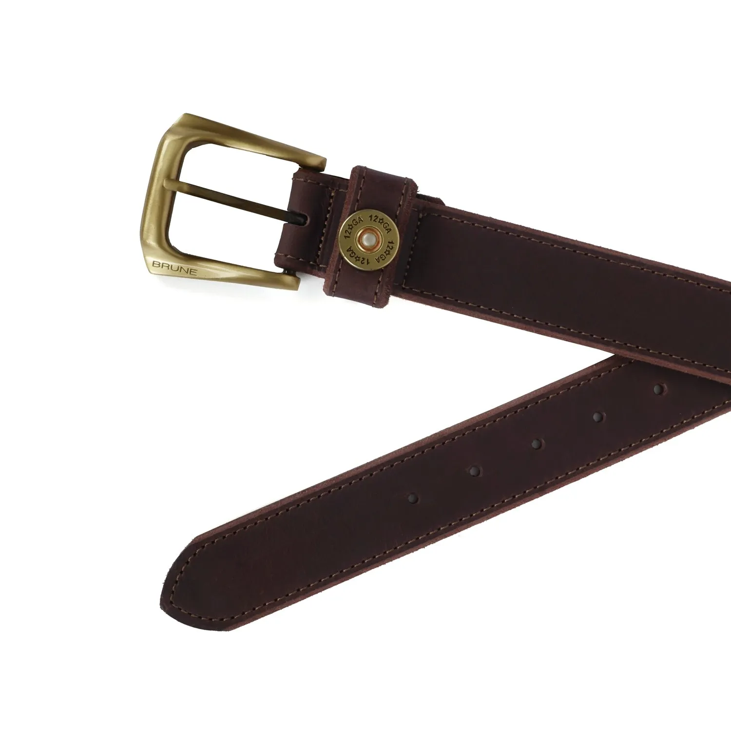 12 Gauge Shell Design Casual Belt Dark Brown Leather With Smokey Finsh Gold Buckle