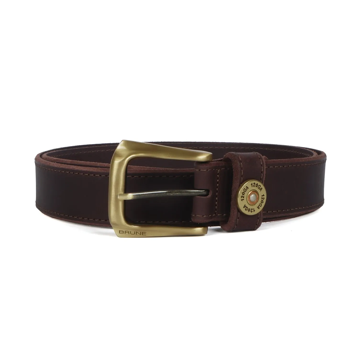 12 Gauge Shell Design Casual Belt Dark Brown Leather With Smokey Finsh Gold Buckle