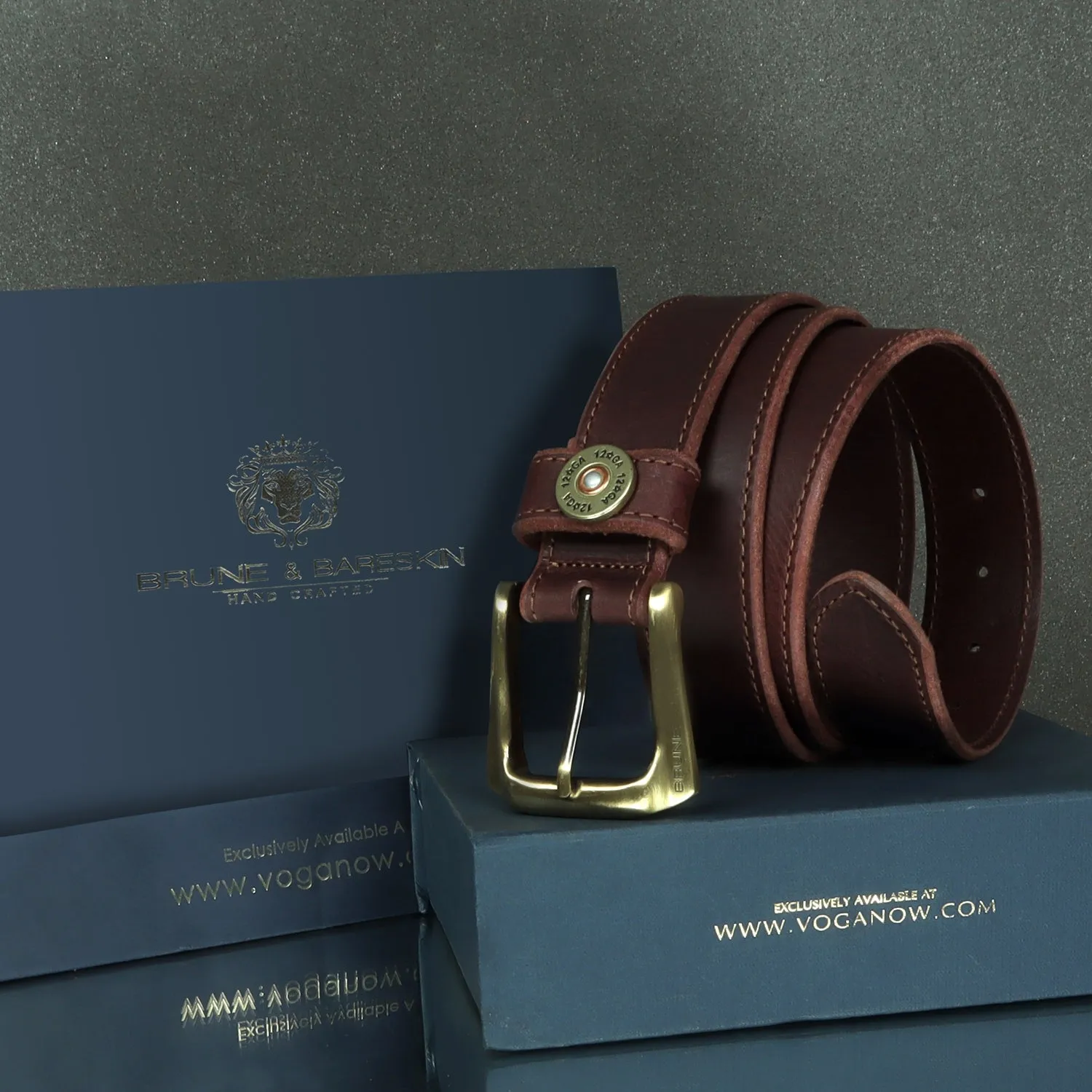 12 Gauge Shell Design Casual Belt Dark Brown Leather With Smokey Finsh Gold Buckle