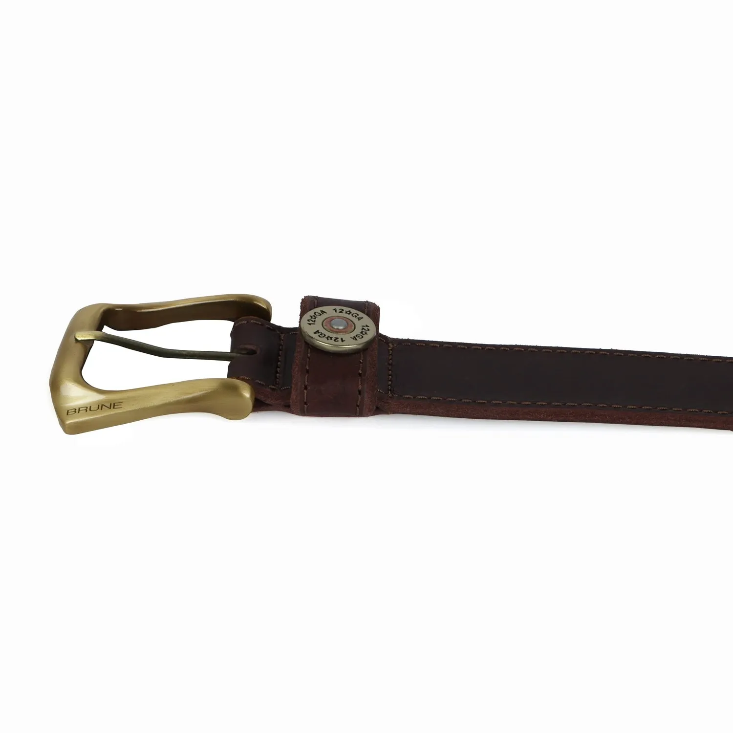 12 Gauge Shell Design Casual Belt Dark Brown Leather With Smokey Finsh Gold Buckle