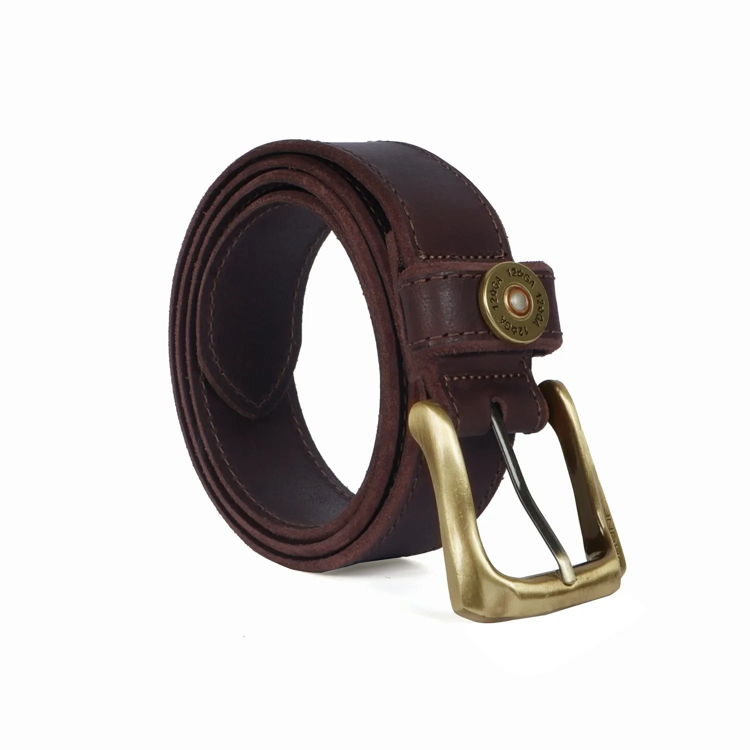 12 Gauge Shell Design Casual Belt Dark Brown Leather With Smokey Finsh Gold Buckle