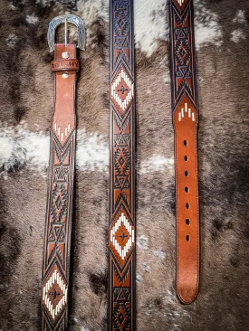 Choctaw Roughy Tooled/Laced Belt Brown/Ivory/Black Aztec