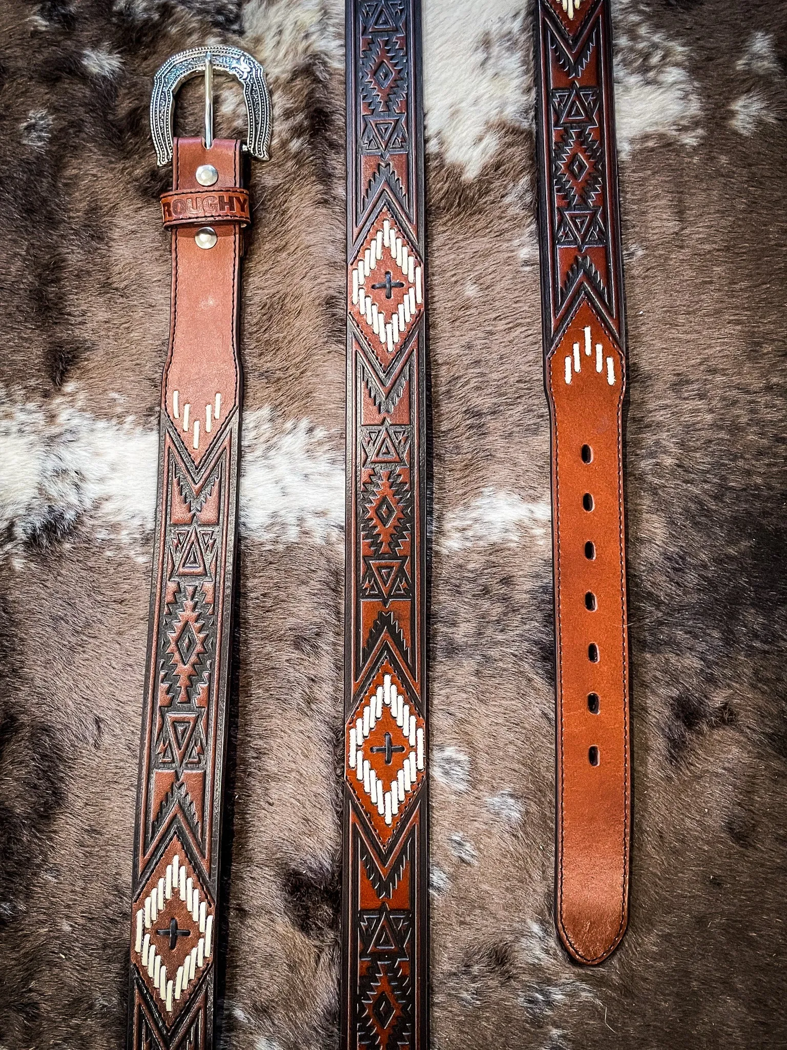 Choctaw Roughy Tooled/Laced Belt Brown/Ivory/Black Aztec
