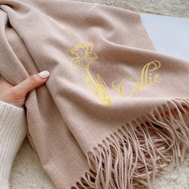 Custom Super Soft Warm Scarf with Embroidered Birth Flower and Text Personalized Fashion Accessory Birthday Christmas Gift for Couple Family