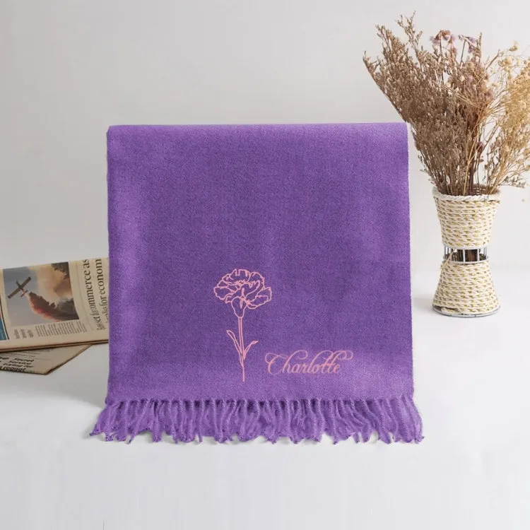 Custom Super Soft Warm Scarf with Embroidered Birth Flower and Text Personalized Fashion Accessory Birthday Christmas Gift for Couple Family