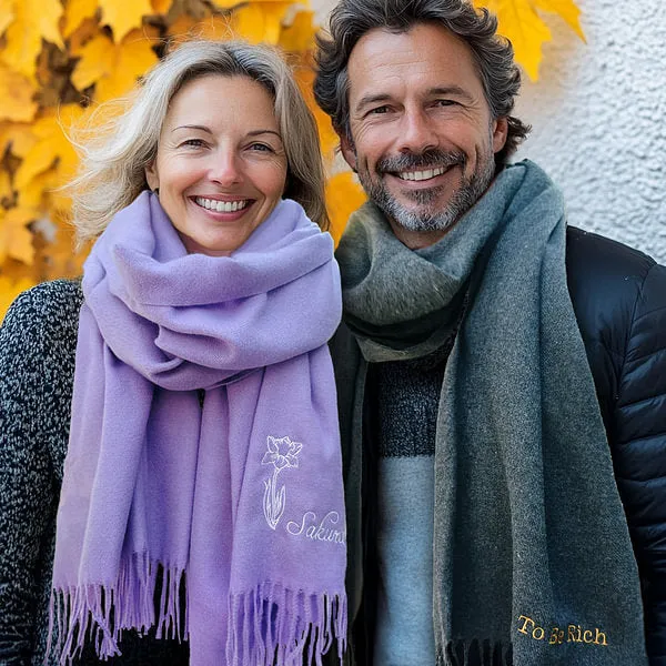 Custom Super Soft Warm Scarf with Embroidered Birth Flower and Text Personalized Fashion Accessory Birthday Christmas Gift for Couple Family