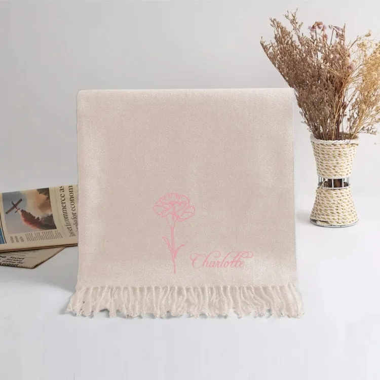 Custom Super Soft Warm Scarf with Embroidered Birth Flower and Text Personalized Fashion Accessory Birthday Christmas Gift for Couple Family