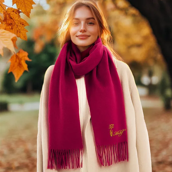 Custom Super Soft Warm Scarf with Embroidered Birth Flower and Text Personalized Fashion Accessory Birthday Christmas Gift for Couple Family