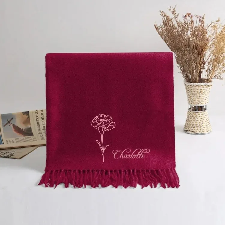 Custom Super Soft Warm Scarf with Embroidered Birth Flower and Text Personalized Fashion Accessory Birthday Christmas Gift for Couple Family