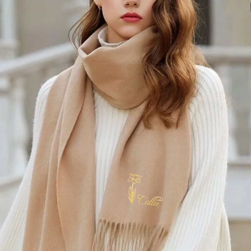 Custom Super Soft Warm Scarf with Embroidered Birth Flower and Text Personalized Fashion Accessory Birthday Christmas Gift for Couple Family