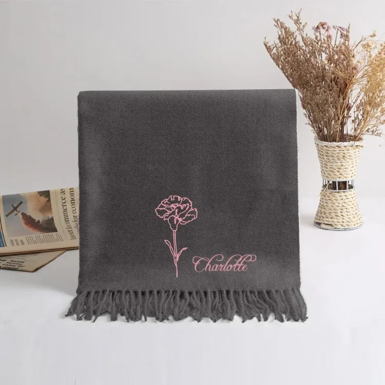 Custom Super Soft Warm Scarf with Embroidered Birth Flower and Text Personalized Fashion Accessory Birthday Christmas Gift for Couple Family