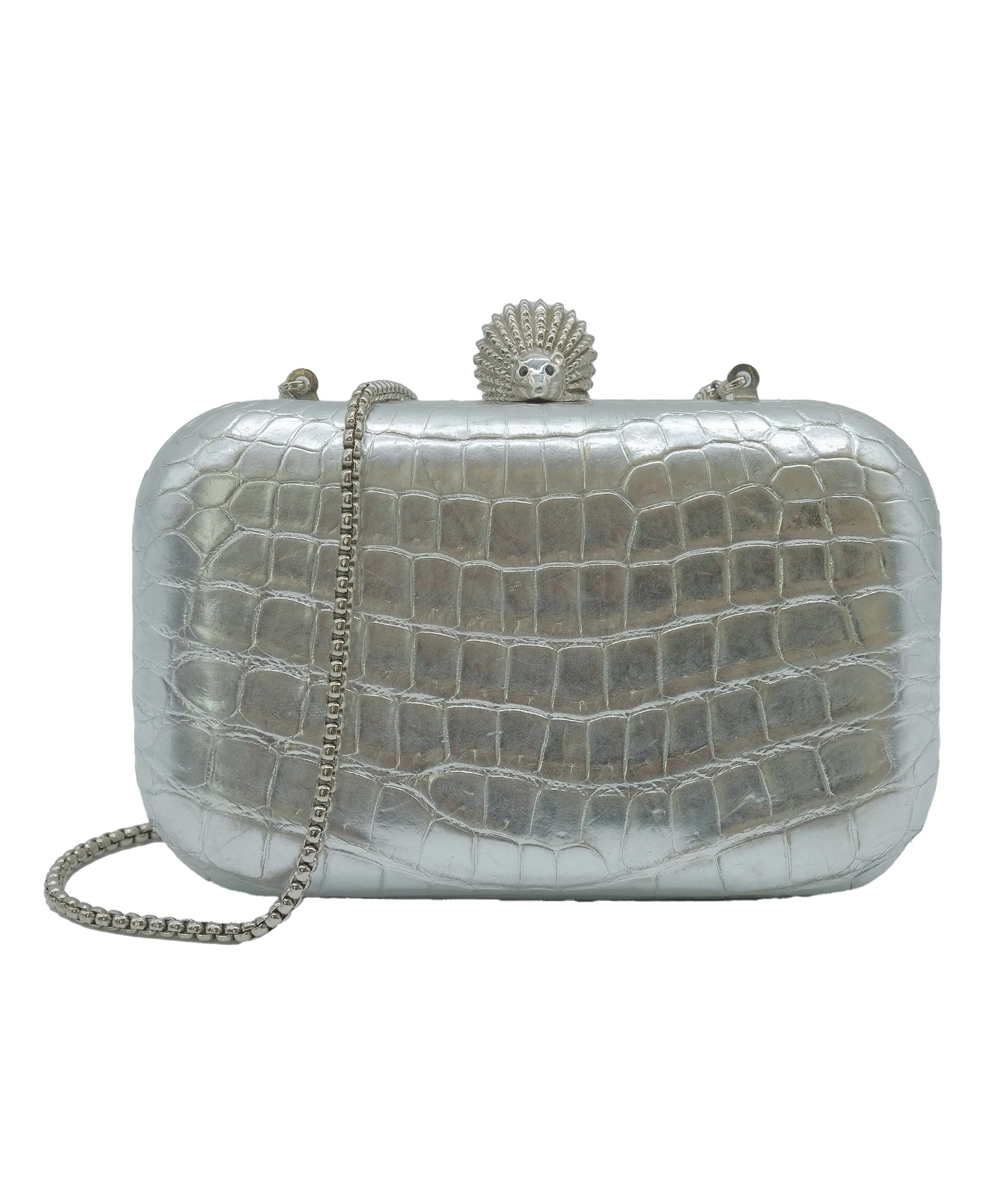 Ethan K Silver Croc Embossed Glossy Leather Minaudiere Chain Clutch RJC3840