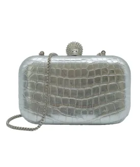 Ethan K Silver Croc Embossed Glossy Leather Minaudiere Chain Clutch RJC3840