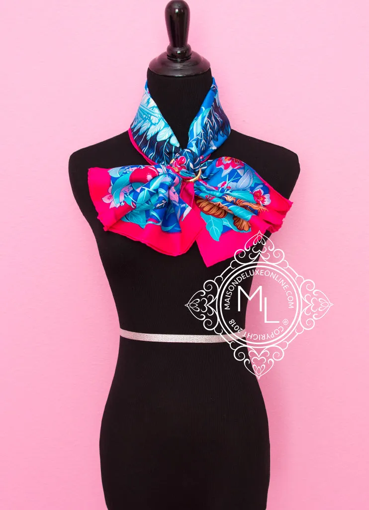 Hermes Rose Pink Blue Twill Silk 90 cm Flamingo Party Scarf