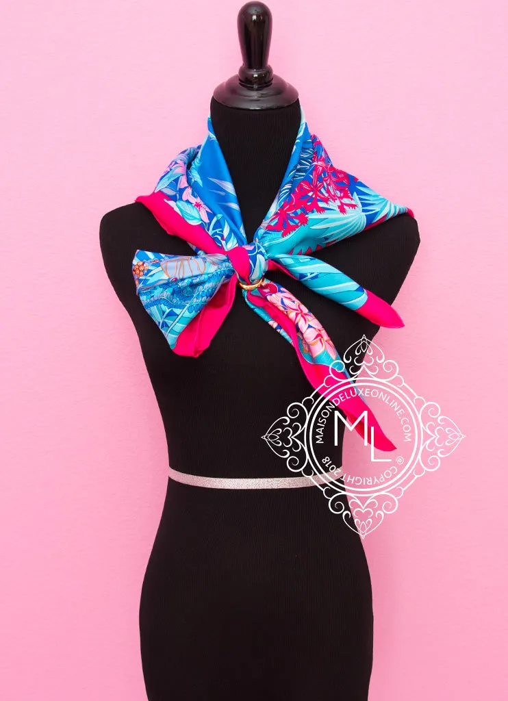 Hermes Rose Pink Blue Twill Silk 90 cm Flamingo Party Scarf