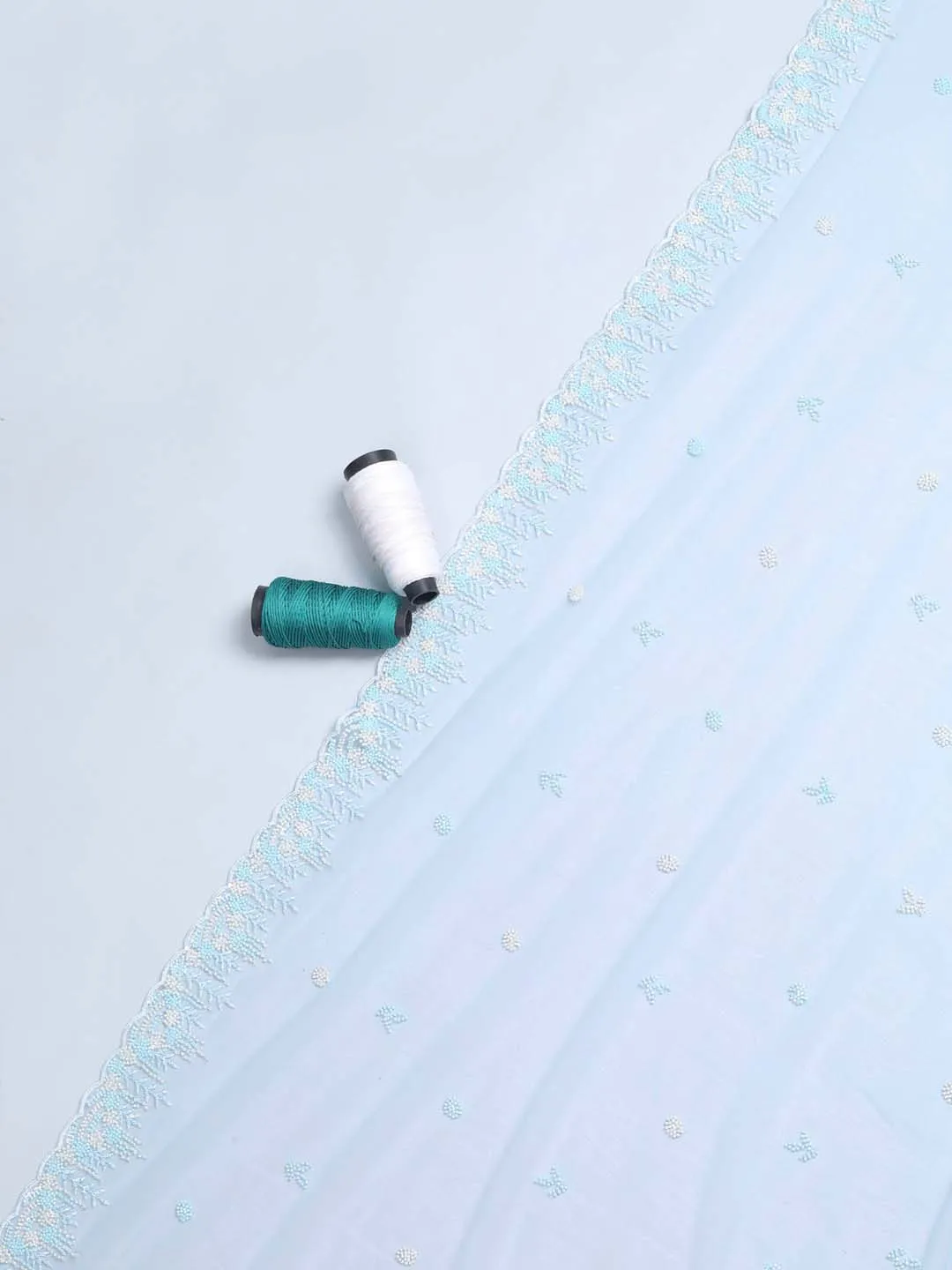 Imported Embroidered Ice Blue Net