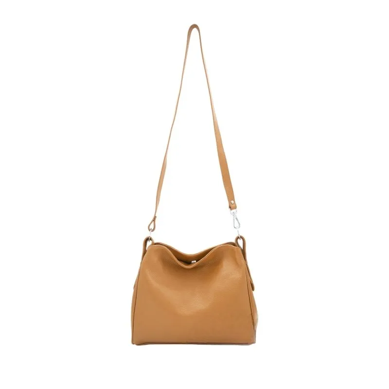 Italian Leather Two Compartments Handbag with Adjustable Strap Large Tan