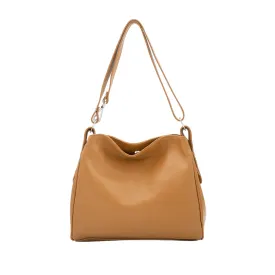 Italian Leather Two Compartments Handbag with Adjustable Strap Large Tan