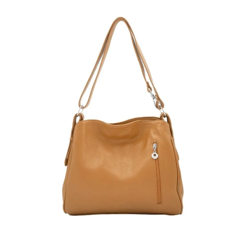 Italian Leather Two Compartments Handbag with Adjustable Strap Large Tan