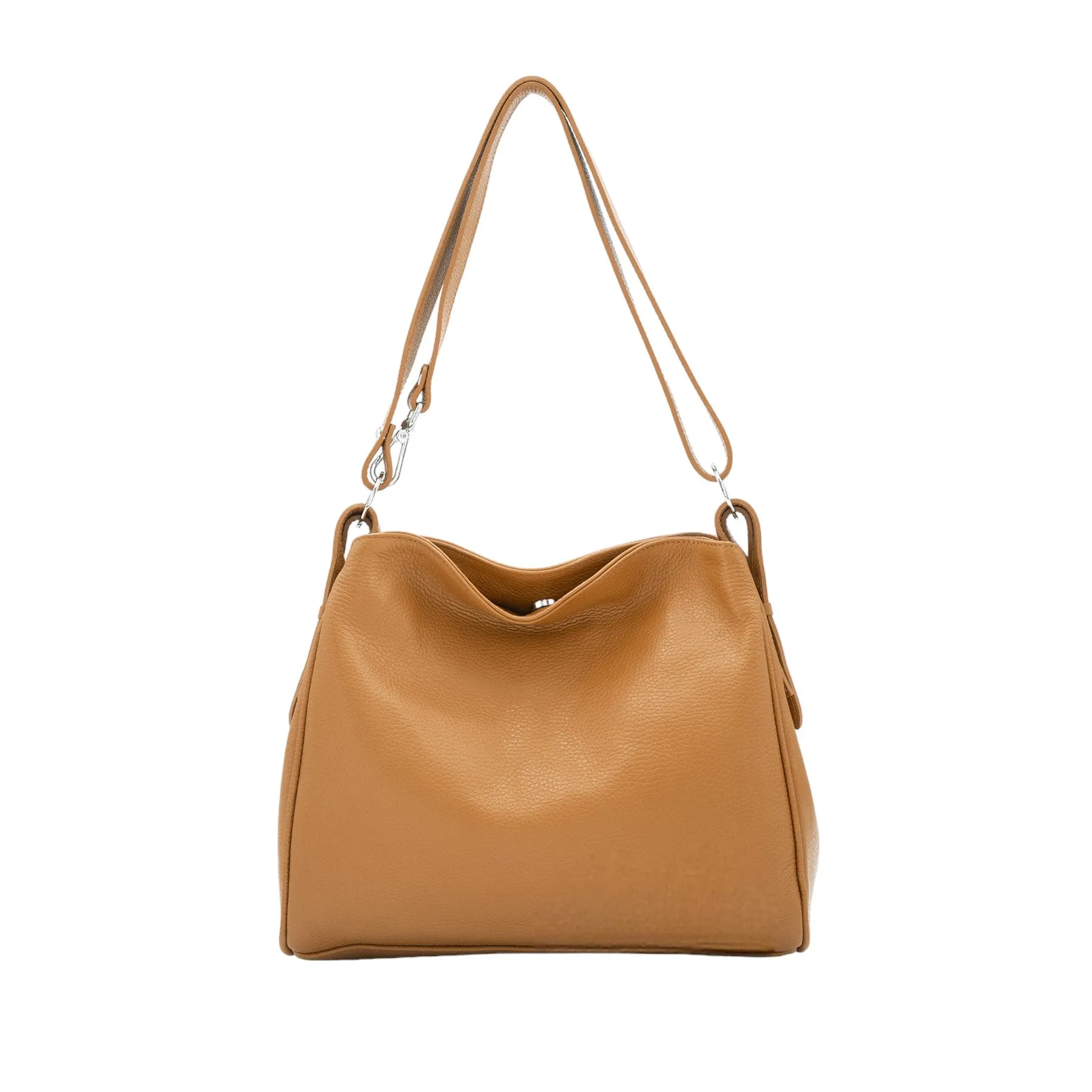 Italian Leather Two Compartments Handbag with Adjustable Strap Large Tan