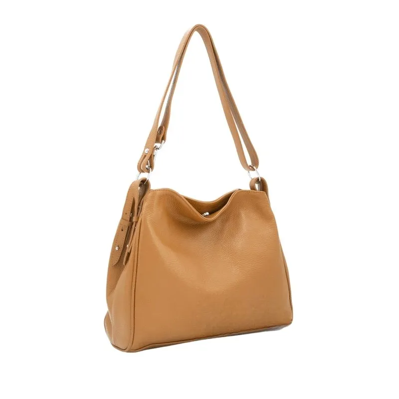 Italian Leather Two Compartments Handbag with Adjustable Strap Large Tan
