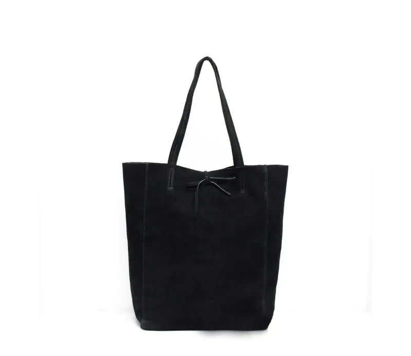 Italian Suede Leather Soft Tote Shopper Swolit Alessa Black