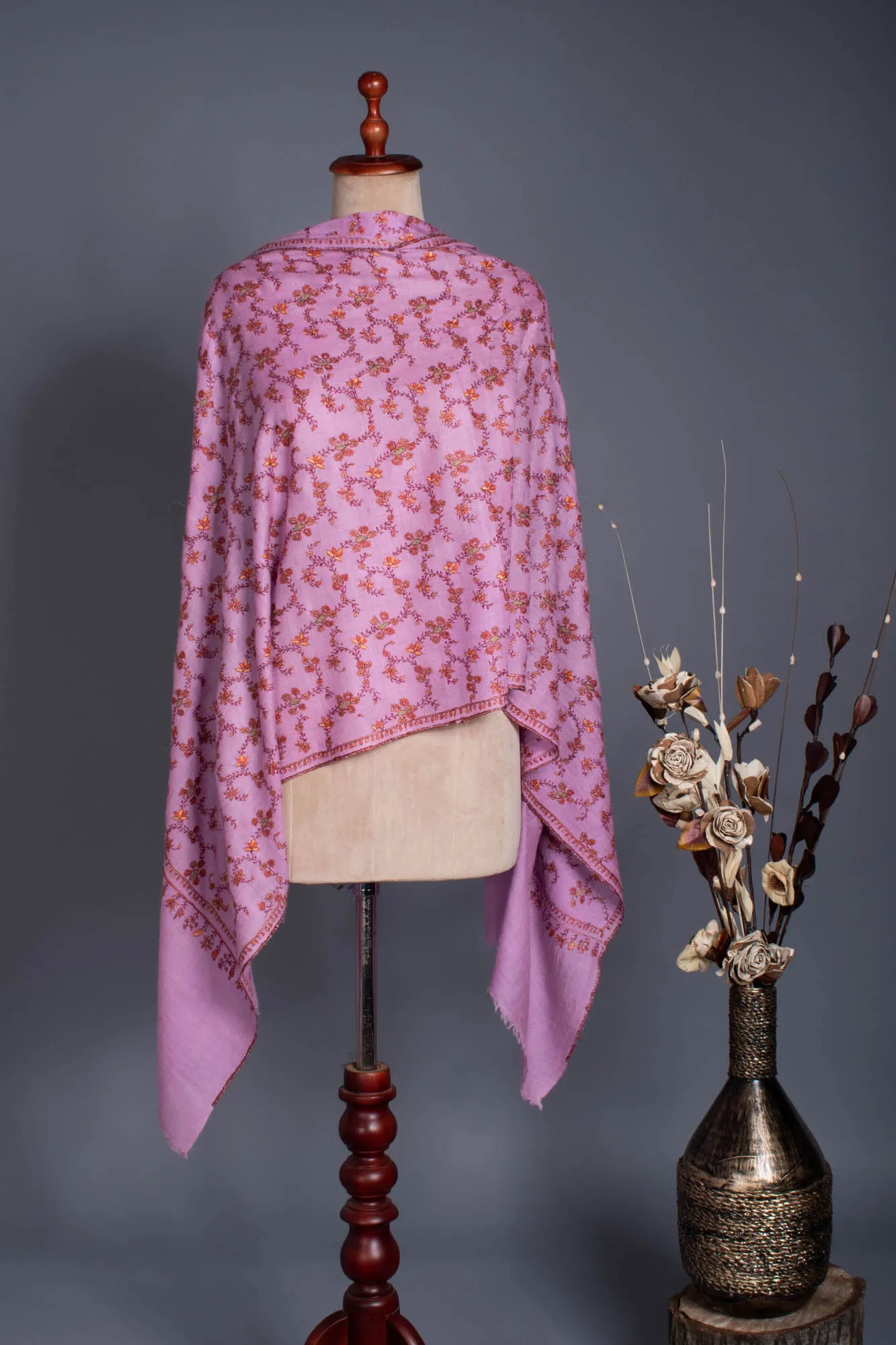 Lavender Hand Embroidered Jali Cashmere Scarf - ANTONIO