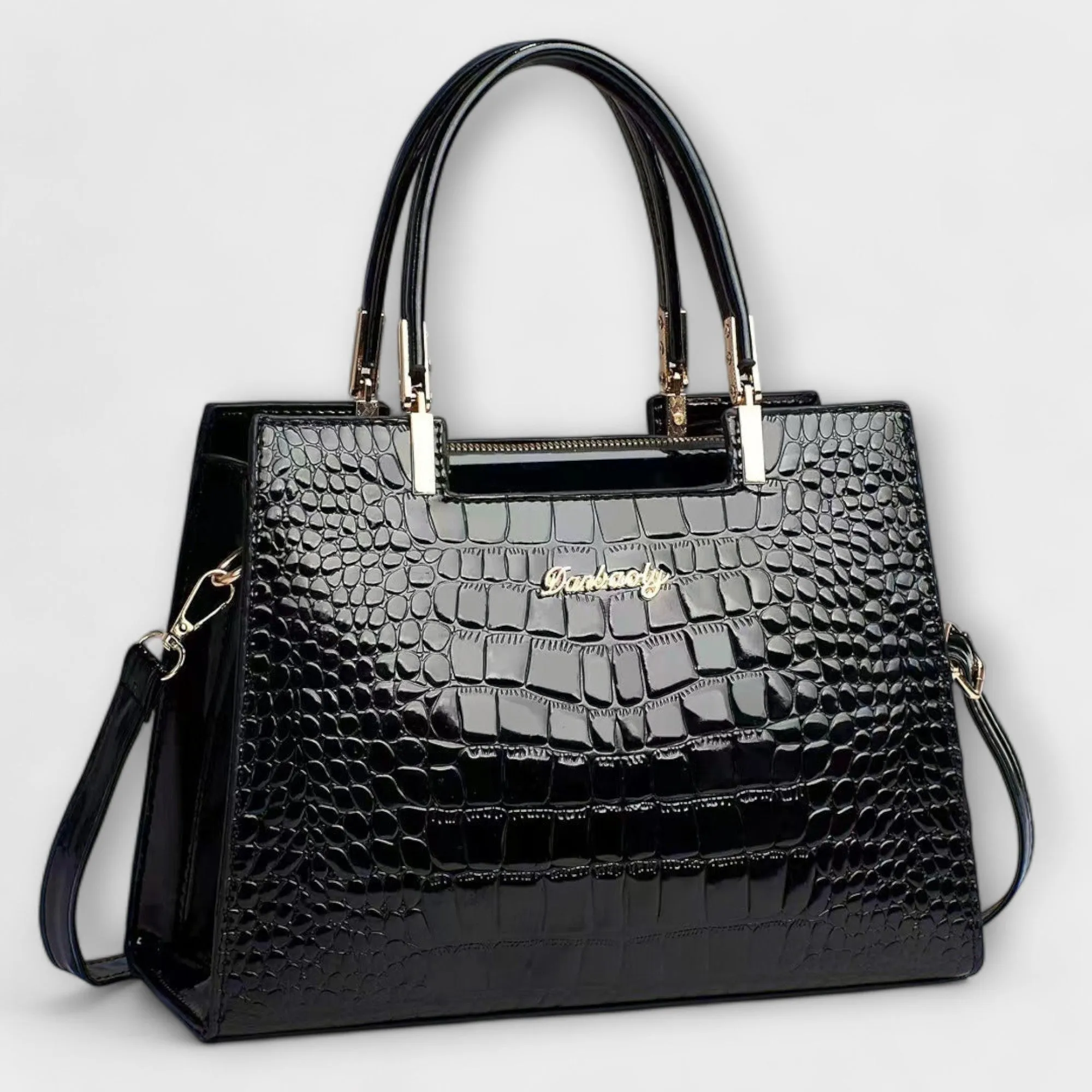 Shiny Crocodile-Embossed Handbag