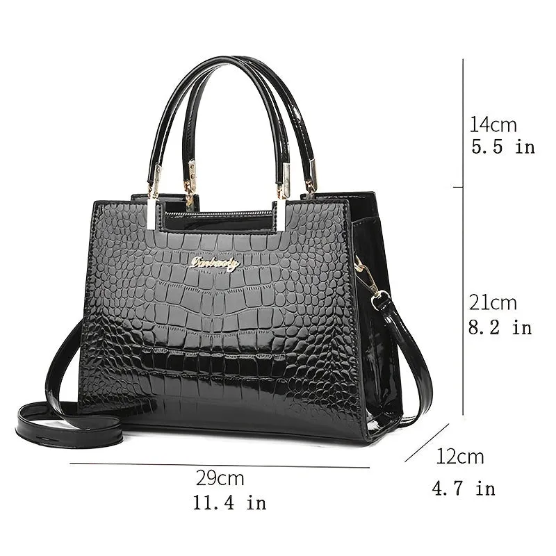 Shiny Crocodile-Embossed Handbag
