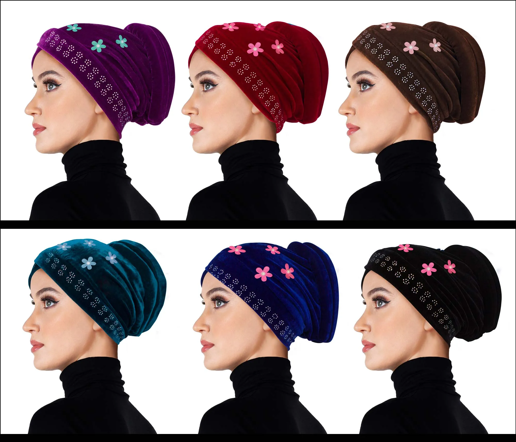 SMALL SIZE Wholesale Set of 6  Velvet Venetian Turban Hijab Caps one of each color