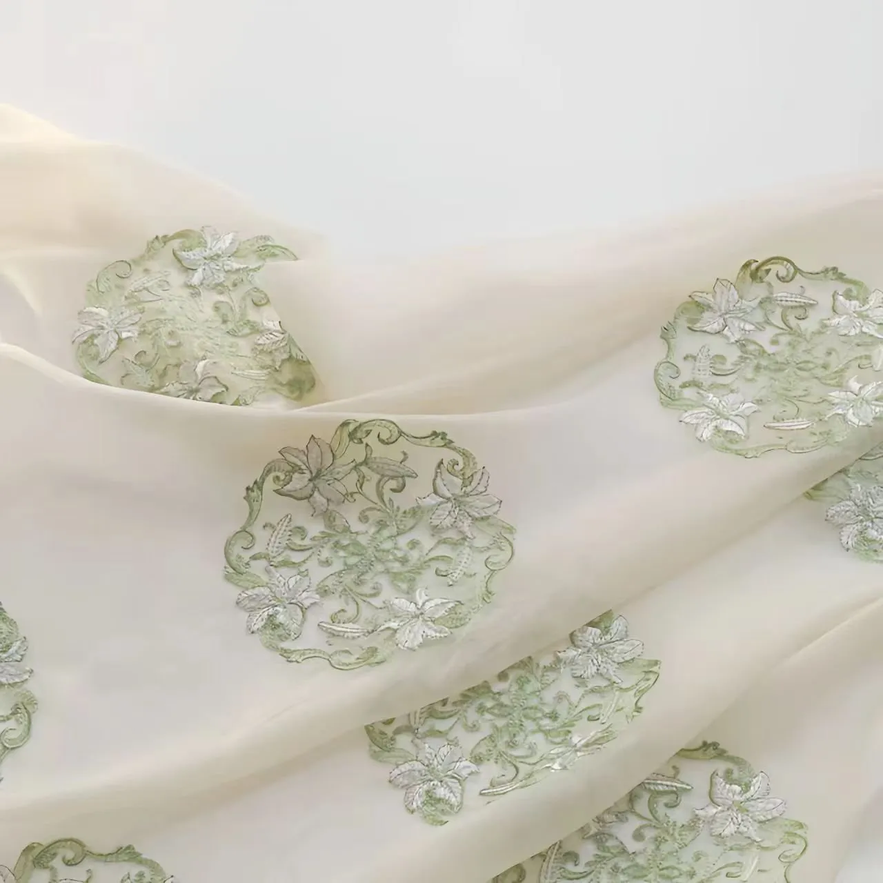 Tang Style Lily Floral Embroidered Chiffon Fabric in Soft Cream