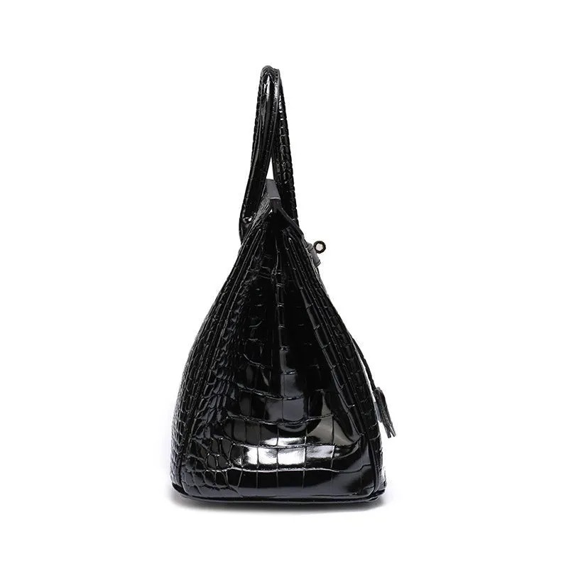 The Tabby | Luxury Crocodile-Embossed Handbag – Elegant Black