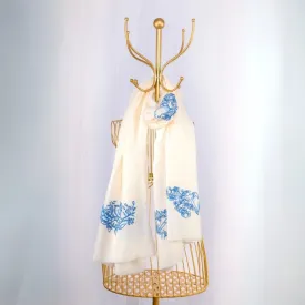 White Fine Wool Hand-Painted Embroidered Scarf - Birds on the Nest