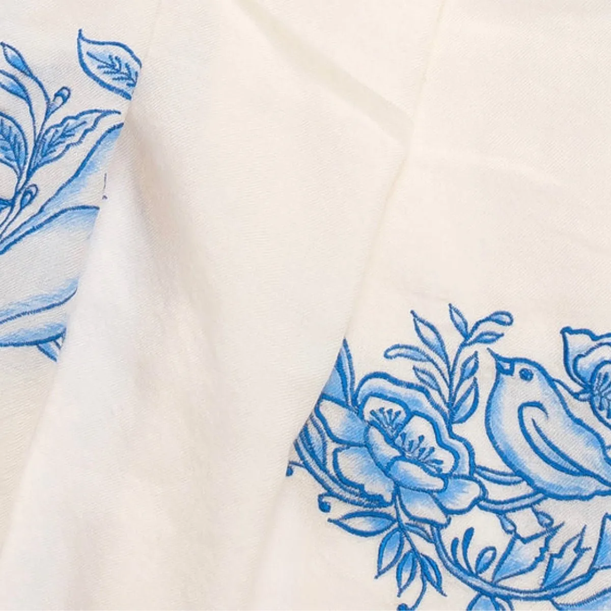 White Fine Wool Hand-Painted Embroidered Scarf - Birds on the Nest