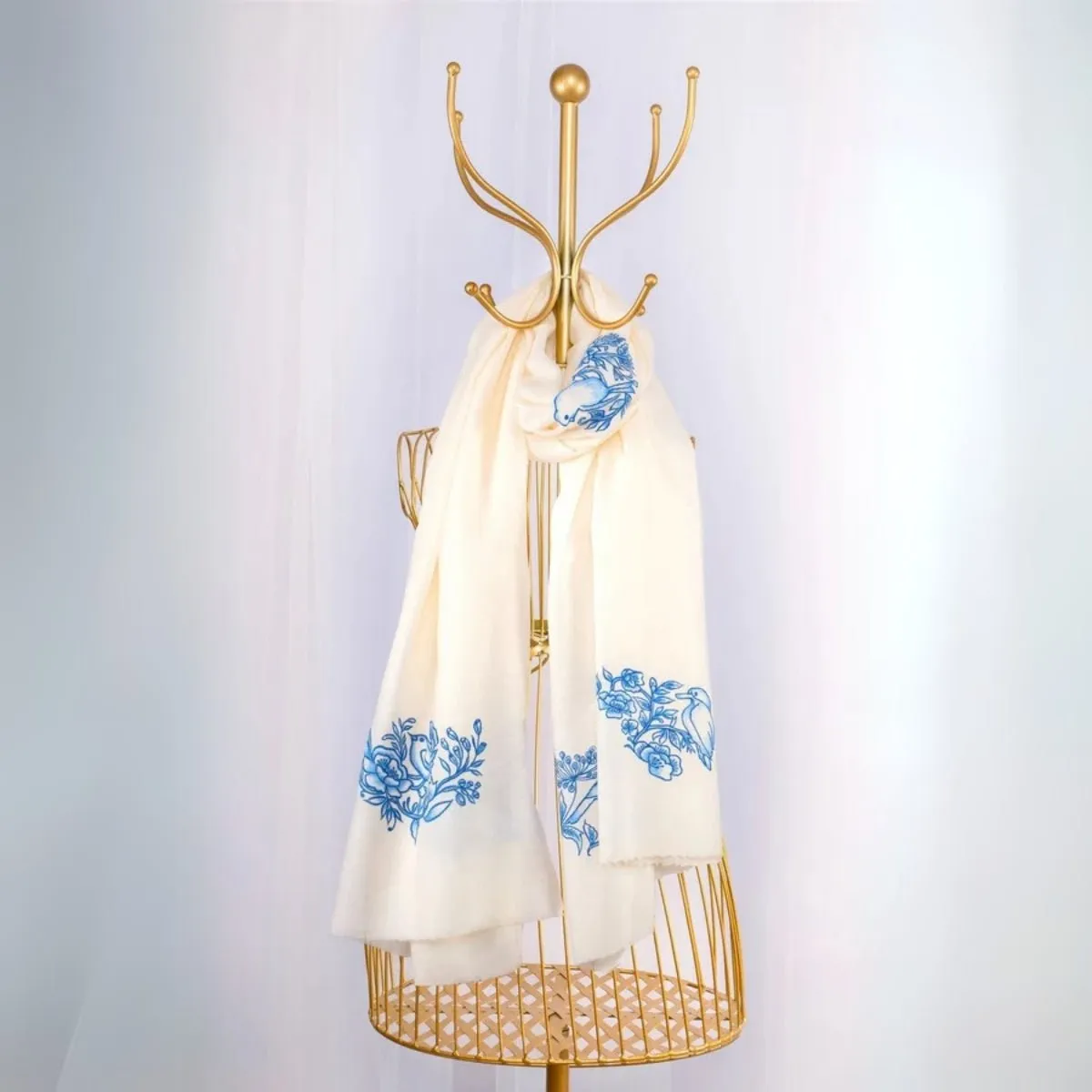 White Fine Wool Hand-Painted Embroidered Scarf - Birds on the Nest