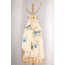 White Pure Pashmina Embroidered and Velvet Patched Scarf - Dainty Dreams Fishes
