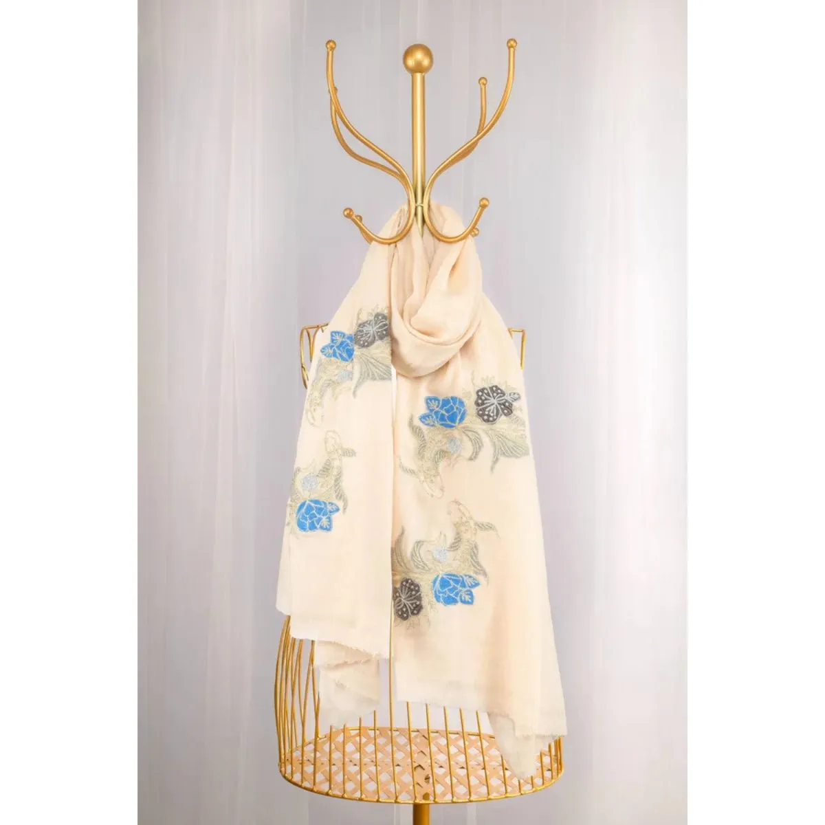 White Pure Pashmina Embroidered and Velvet Patched Scarf - Dainty Dreams Fishes