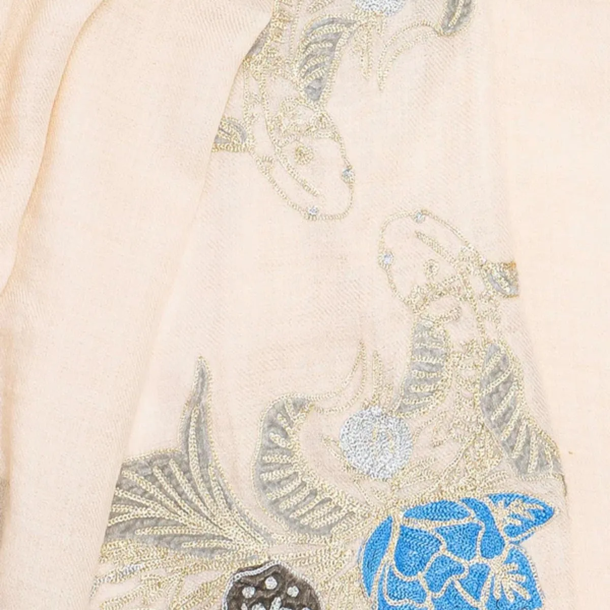 White Pure Pashmina Embroidered and Velvet Patched Scarf - Dainty Dreams Fishes