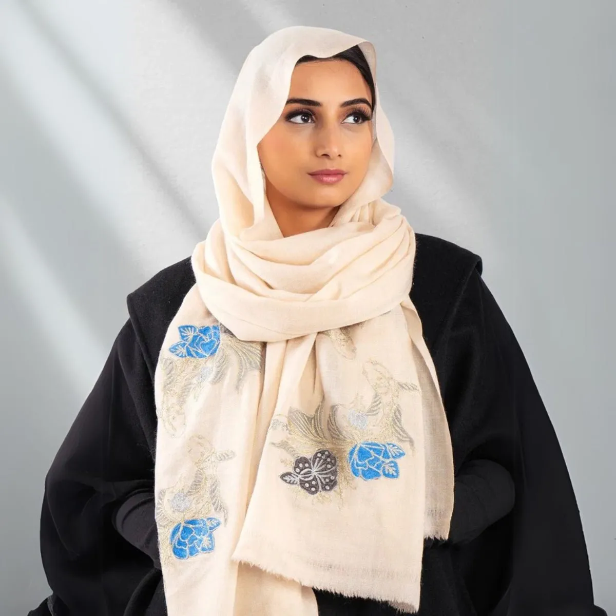 White Pure Pashmina Embroidered and Velvet Patched Scarf - Dainty Dreams Fishes