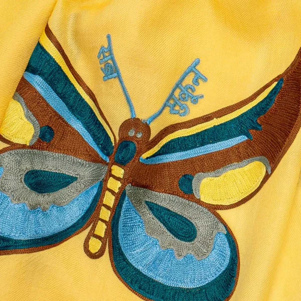 Yellow Fine Wool Embroidered Scarf - Sabar, Sukoon, Butterflies