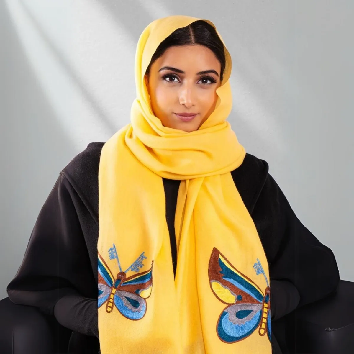 Yellow Fine Wool Embroidered Scarf - Sabar, Sukoon, Butterflies