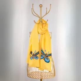 Yellow Fine Wool Embroidered Scarf - Sabar, Sukoon, Butterflies
